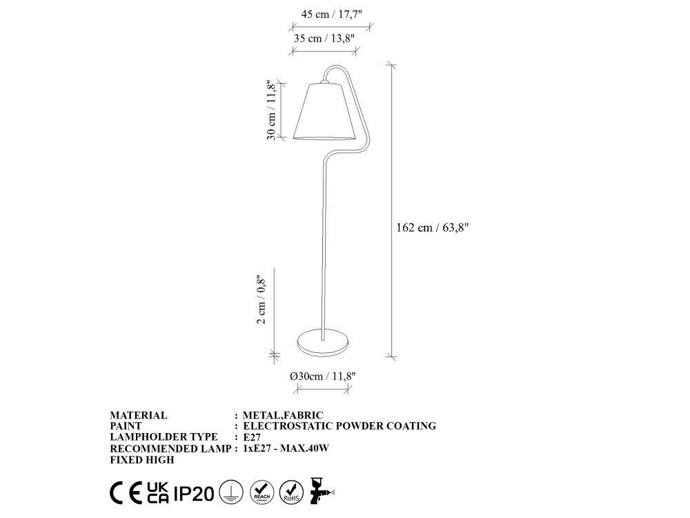 Candeeiro de pé em metal «Altur» - 45 x 35 x 162 cm - Branco
