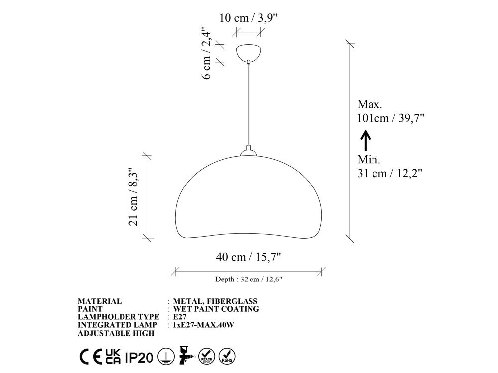 Candeeiro suspenso em metal «Beta» - 40 x 32 cm - Branco