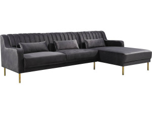 Sofá de canto de veludo "Oliver" - 275 x 161 x 81 cm - 5 lugares - Cinza - Ângulo reto