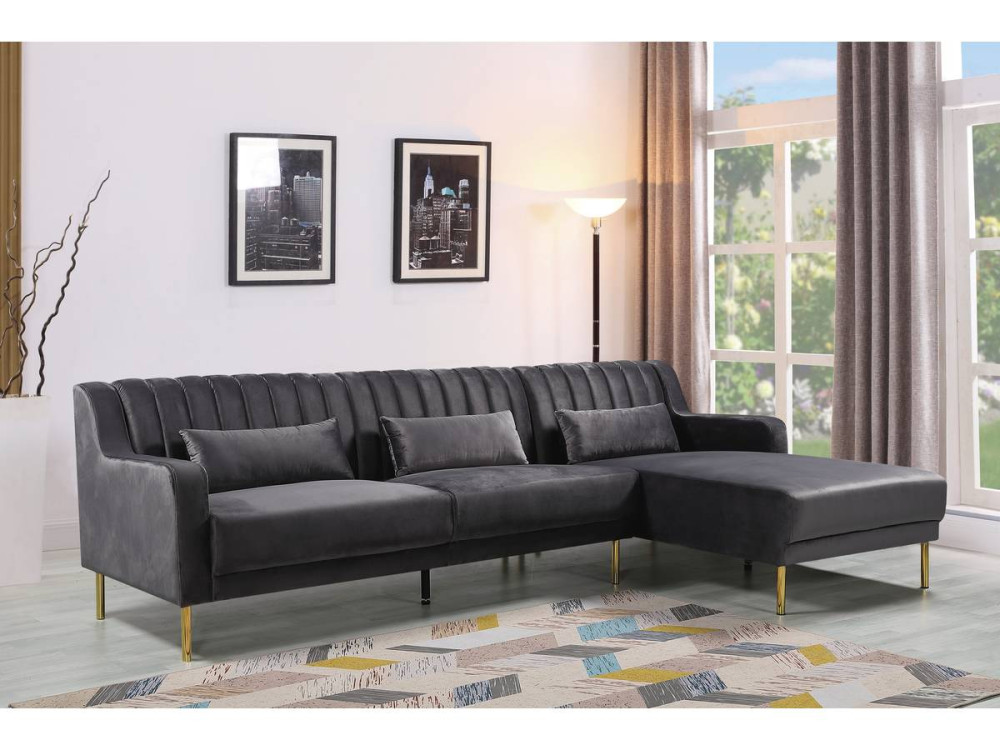 Sofá de canto de veludo "Oliver" - 275 x 161 x 81 cm - 5 lugares - Cinza - Ângulo reto