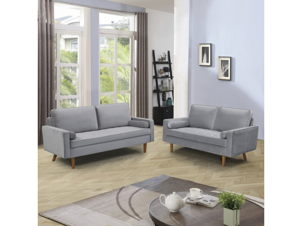 Sofá fixo de veludo "Yannick" - 82 x 147 x 86 cm - 2 lugares - Cinza claro.