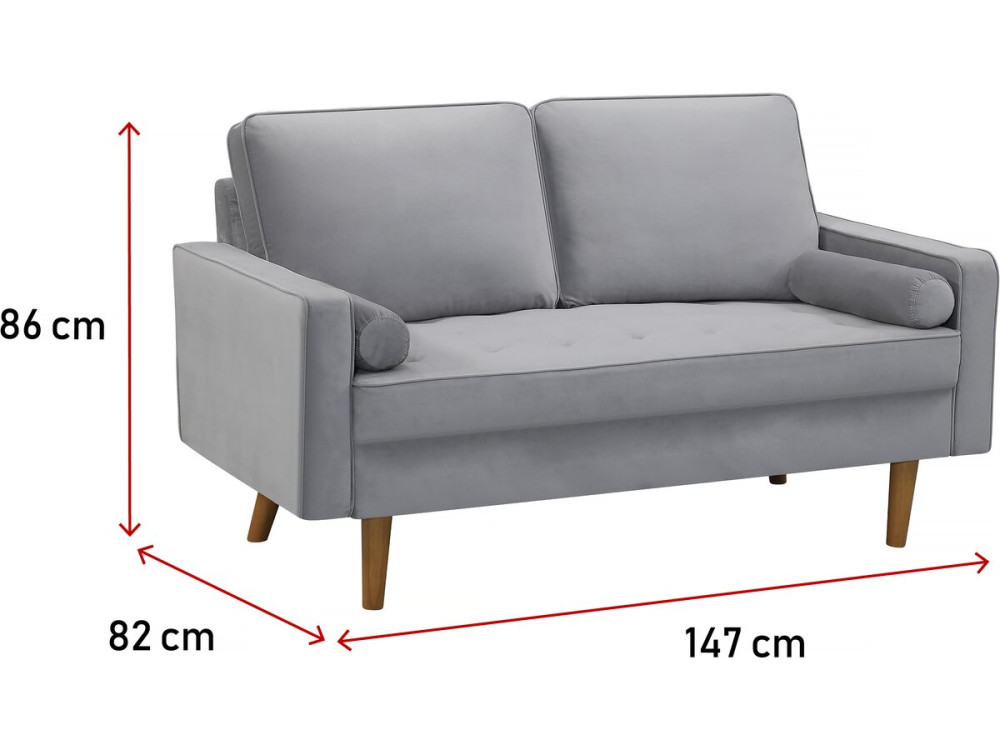 Sofá fixo de veludo "Yannick" - 82 x 147 x 86 cm - 2 lugares - Cinza claro.