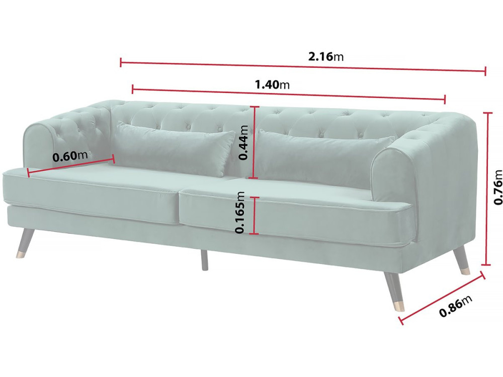 Canapé fixe en velours "Gloria" - 216 x 86 x 76 cm - 3 places - Vert foncé