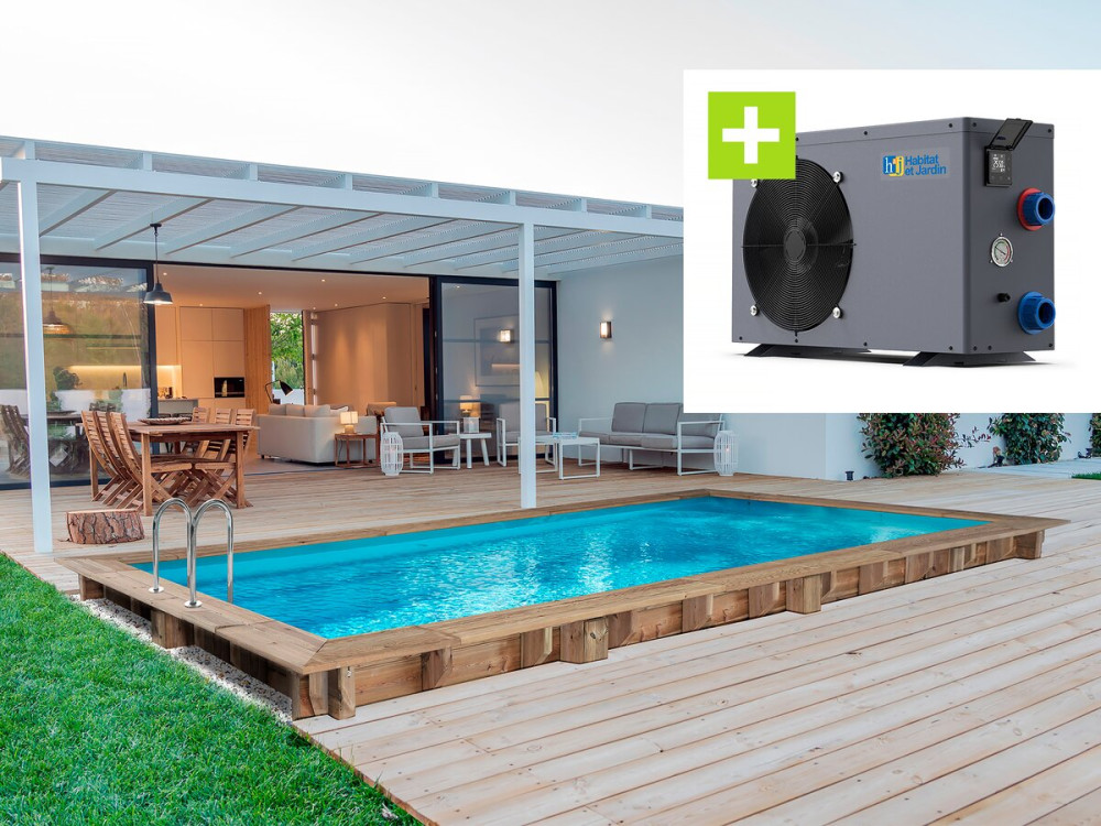 Piscina retangular de madeira "Tobago" - 6,20 x 3,00 x 1,31 m + Bomba de calor - Potência 6,1 kW