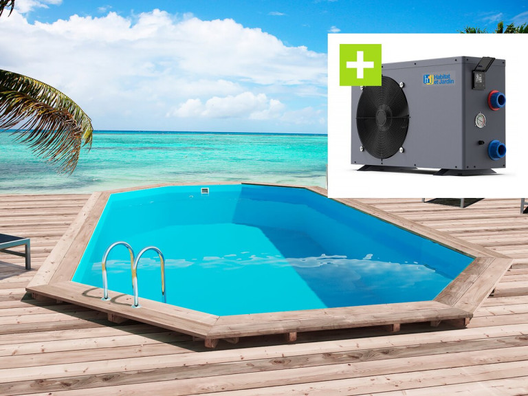 Piscina de madeira "São Paulo" - 6,57 x 4,07 x 1,20 m + Bomba de calor - Potência 6,1 kW