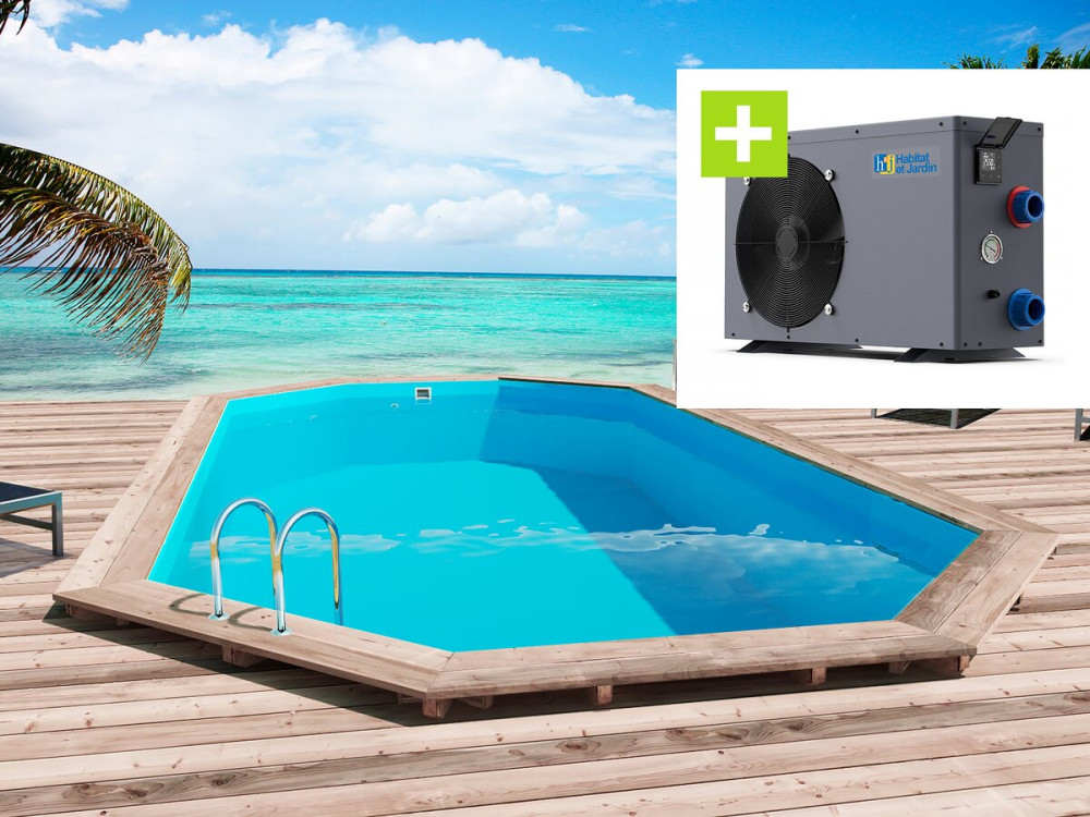 Piscina de madeira "São Paulo" - 6,57 x 4,07 x 1,20 m + Bomba de calor - Potência 6,1 kW