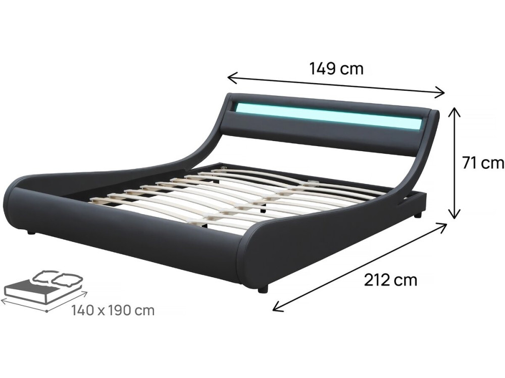 Cama LED "Natacha" - 140 x 190 cm - Preto