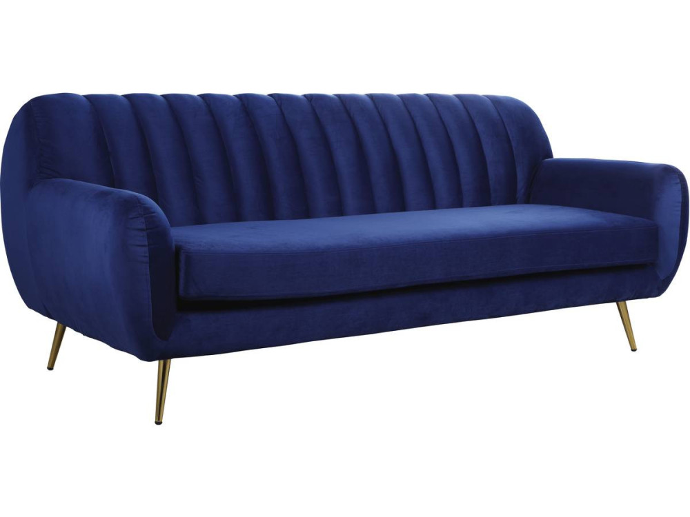 Sofá fixo de veludo "Evans" - 195 x 84 x 82 cm - 3 lugares - Azul escuro