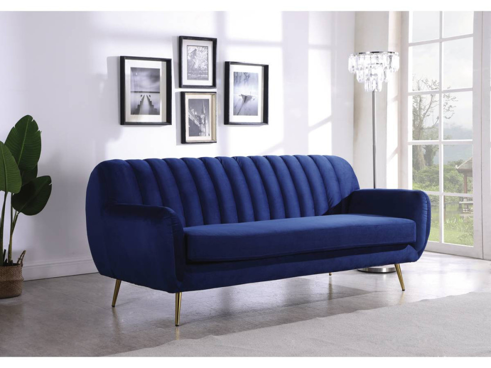 Sofá fixo de veludo "Evans" - 195 x 84 x 82 cm - 3 lugares - Azul escuro