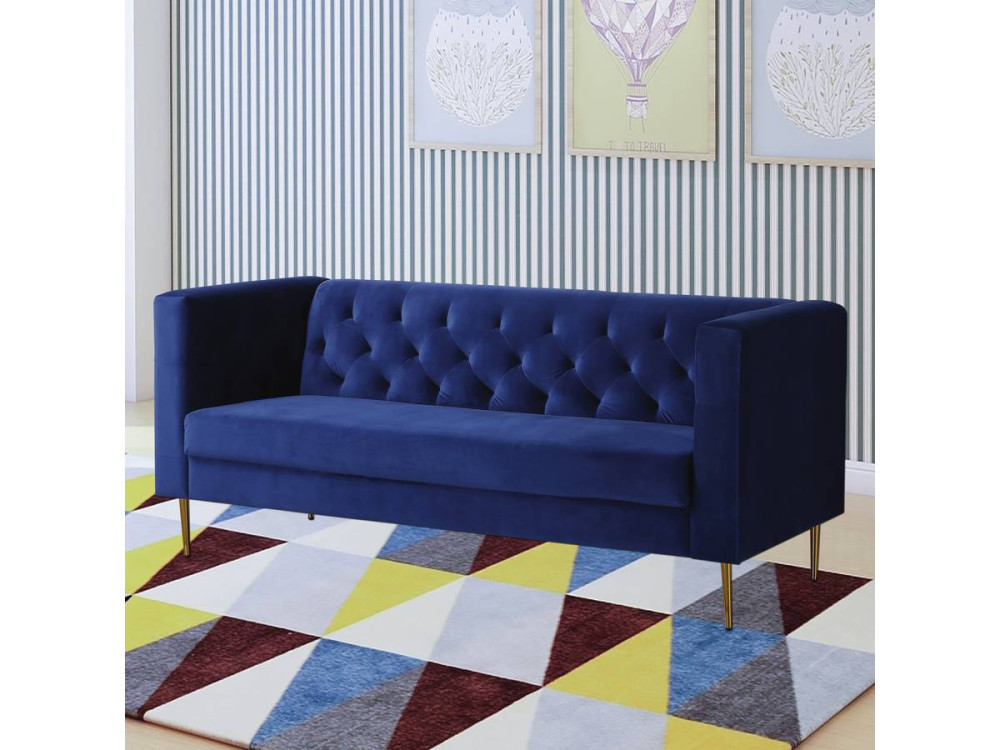 Sofá fixo de veludo "Bruce" - 196 x 76 x 82 cm - 3 lugares - Azul escuro