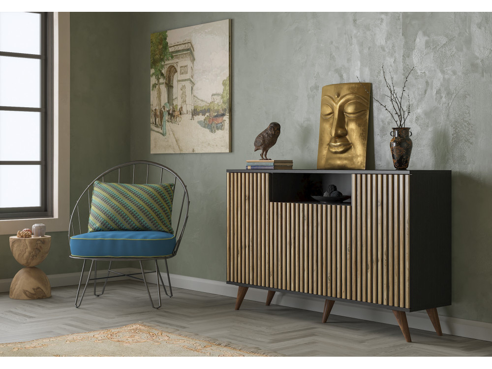 FRN-9004-1" aparador de madeira - 140 x 35 x 91 cm - Madeira, Preto, Pinho Atlântico