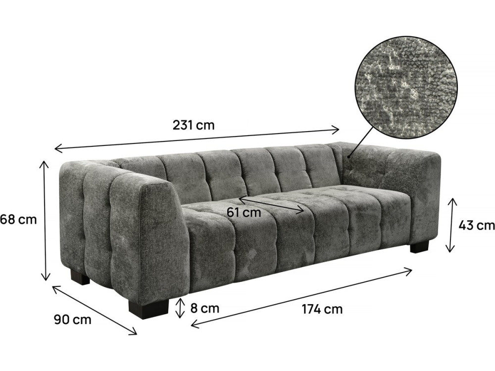 Sofá reto de design em tecido chenille 3 lugares "Foch" - Cinza