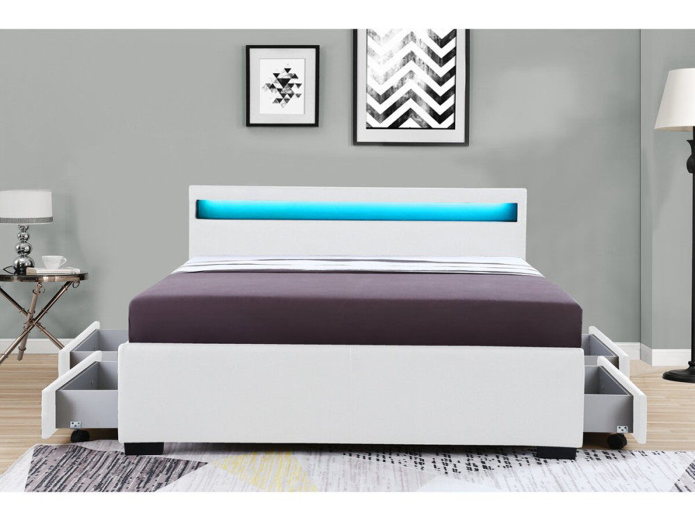 Cama LED com 4 gavetas "Nico" - 160 × 200 cm - Branco