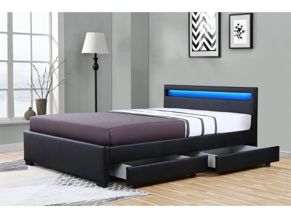 Cama LED com 4 gavetas "Nico" - 160 × 200 cm - Preto