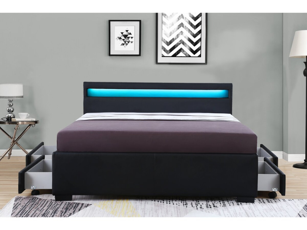 Cama LED com 4 gavetas "Nico" - 160 × 200 cm - Preto