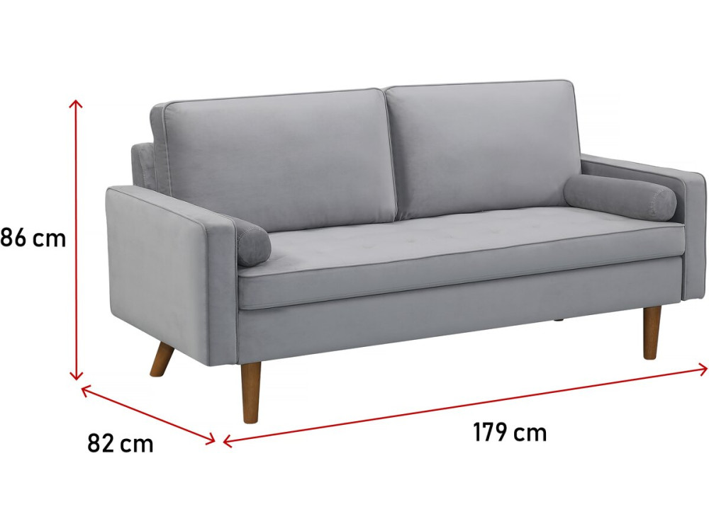 Sofá fixo de veludo "Yannick" - 82 x 179 x 86 cm - 3 lugares - Cinza claro