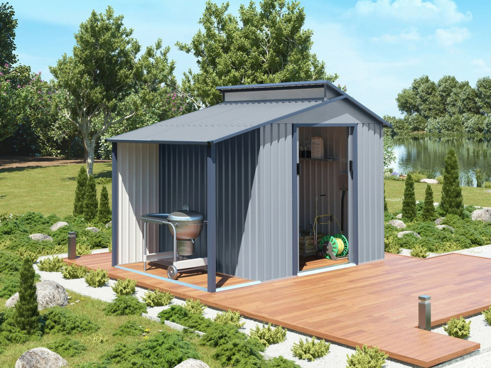 Abrigo de jardim em metal com pérgula "Madras" - 5,64 m² - 193 x 292 x 229 cm - Cinza