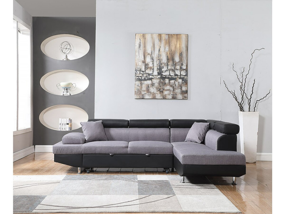Sofá de canto conversível "Sophia luxe" - 265 x 190,5 x 80/91 cm - Preto / Cinza - 5 lugares - Ângulo reto