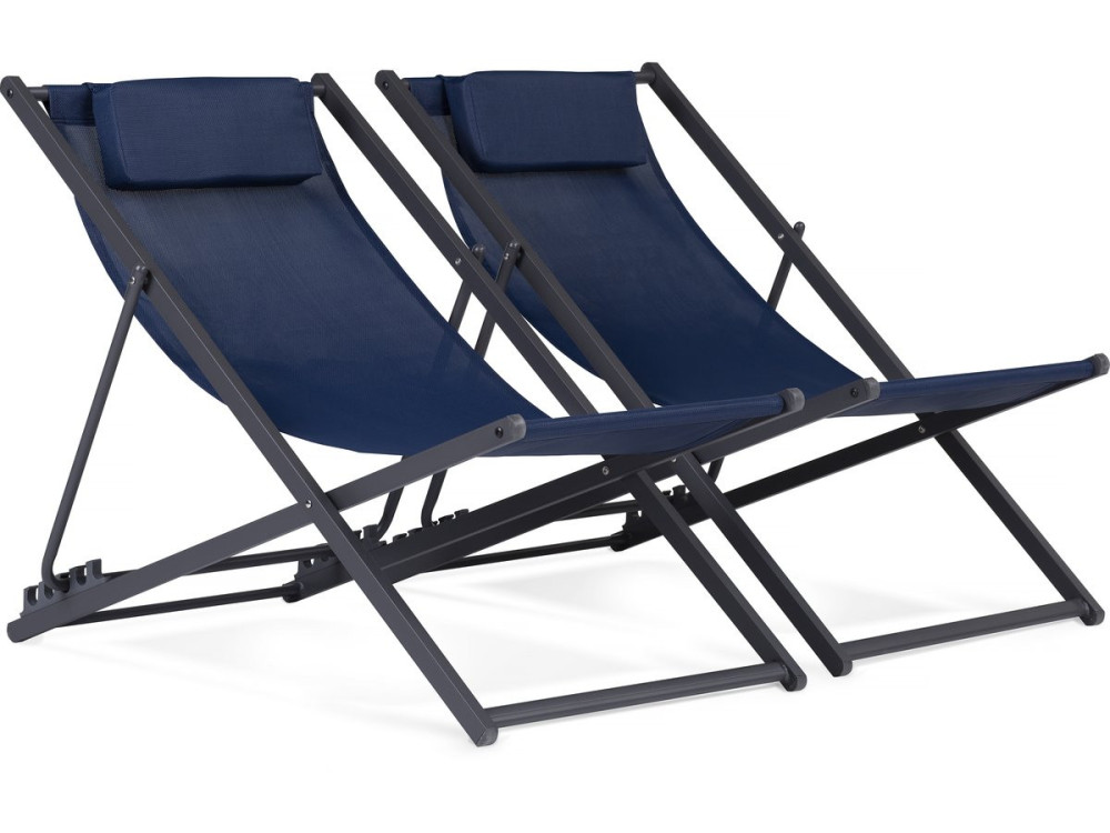 Conjunto de 2 espreguiçadeiras metálicas em têxtil - Com apoio de cabeça - Azul meia-noite
