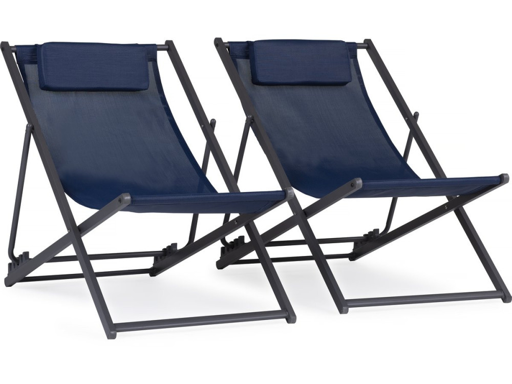Conjunto de 2 espreguiçadeiras metálicas em têxtil - Com apoio de cabeça - Azul meia-noite