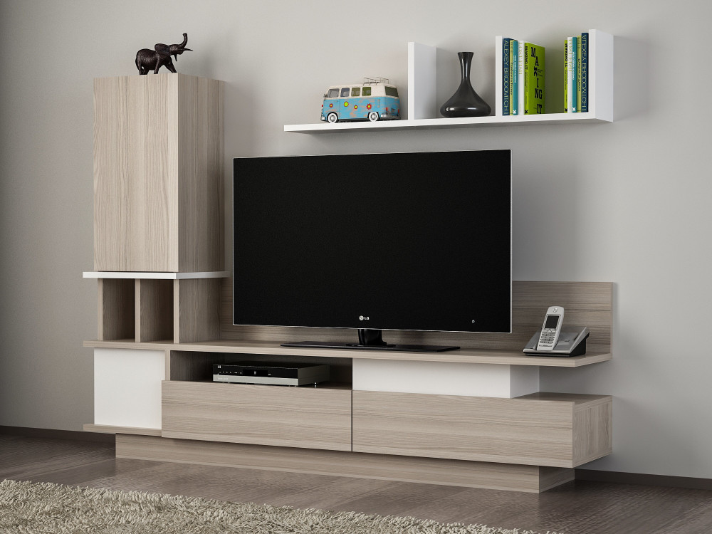 Móvel TV "Como" em madeira com prateleira de parede - 149 x 31 x 117 cm - Cinzento claro