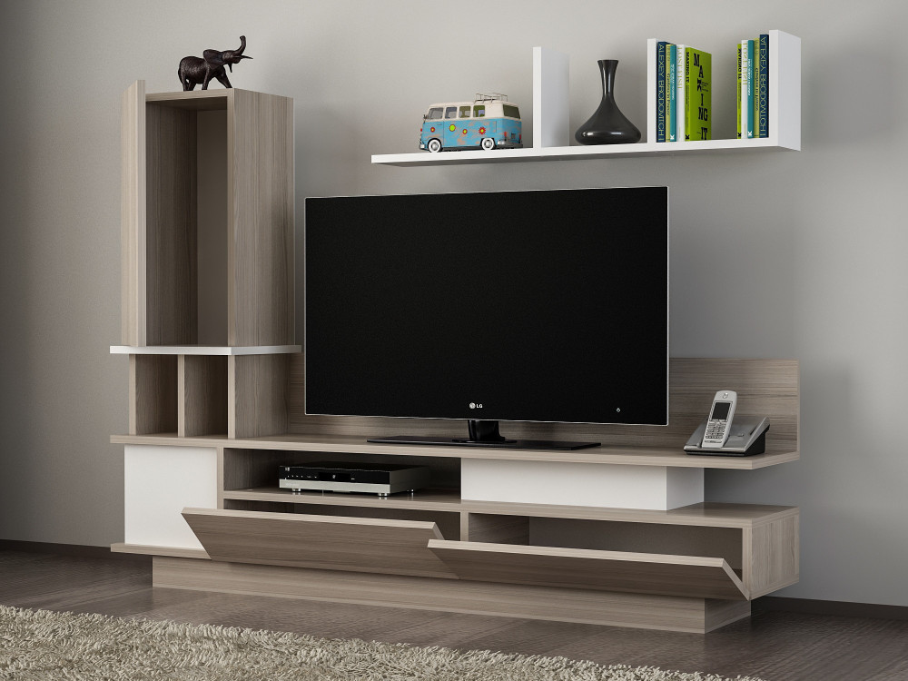 Móvel TV "Como" em madeira com prateleira de parede - 149 x 31 x 117 cm - Cinzento claro