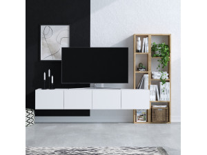 Suporte de TV em madeira "Pana" - 182 x 32 x 25 cm - Branco, Carvalho 2