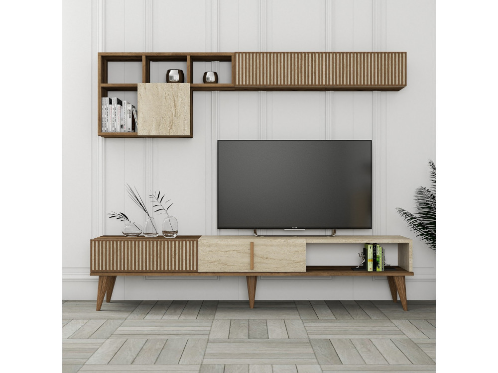 Suporte para televisor em madeira "Milan" - 180 x 35 x 40 cm - Nogueira, Travertino