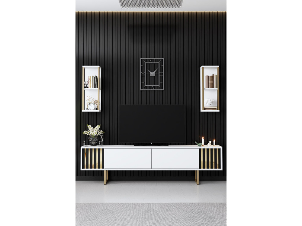 Suporte de TV em madeira "Gold Line" - 180 x 30 x 48 cm - BrancoPreto