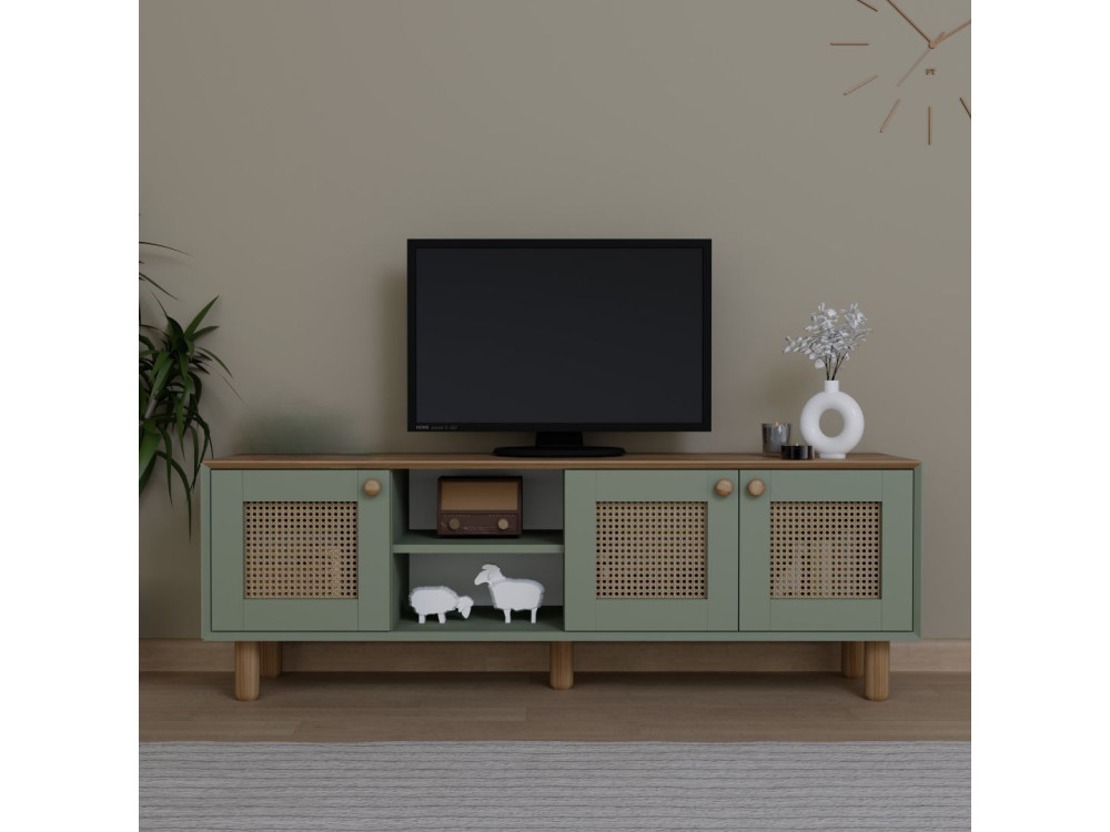 Mesa de TV "Boémia" em madeira e cana - 160 x 40 x 56 cm - Verde