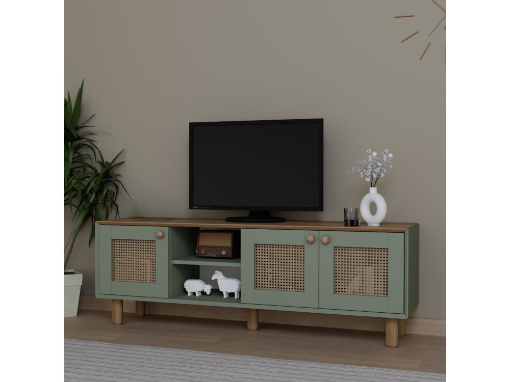 Mesa de TV "Boémia" em madeira e cana - 160 x 40 x 56 cm - Verde