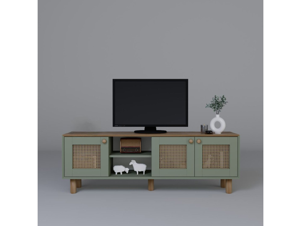 Mesa de TV "Boémia" em madeira e cana - 160 x 40 x 56 cm - Verde