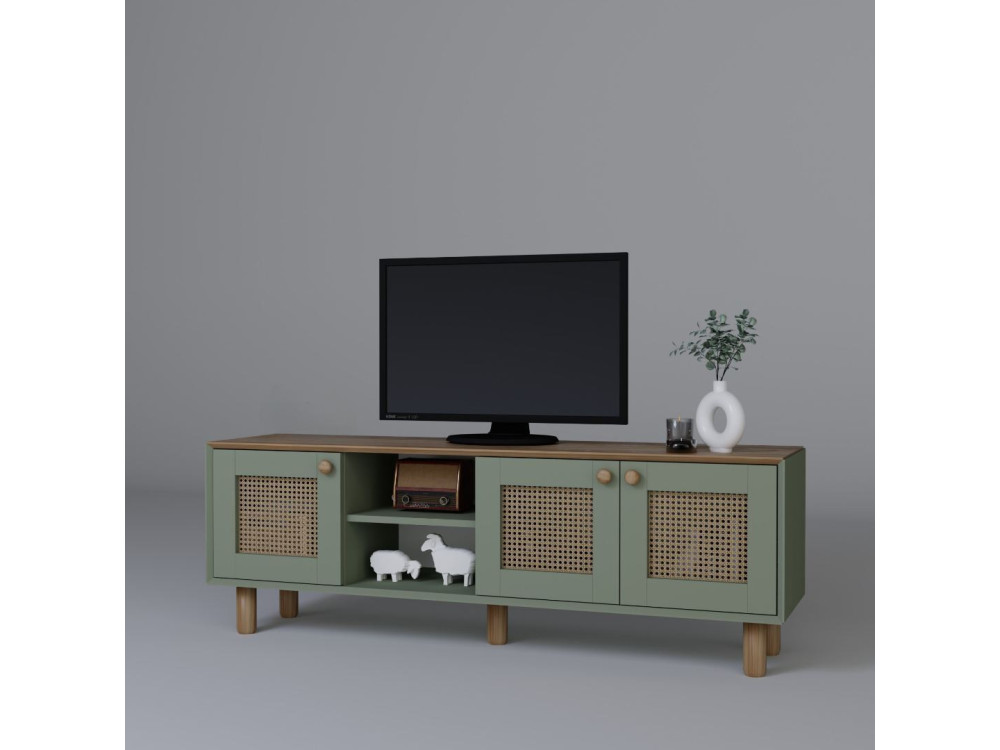 Mesa de TV "Boémia" em madeira e cana - 160 x 40 x 56 cm - Verde