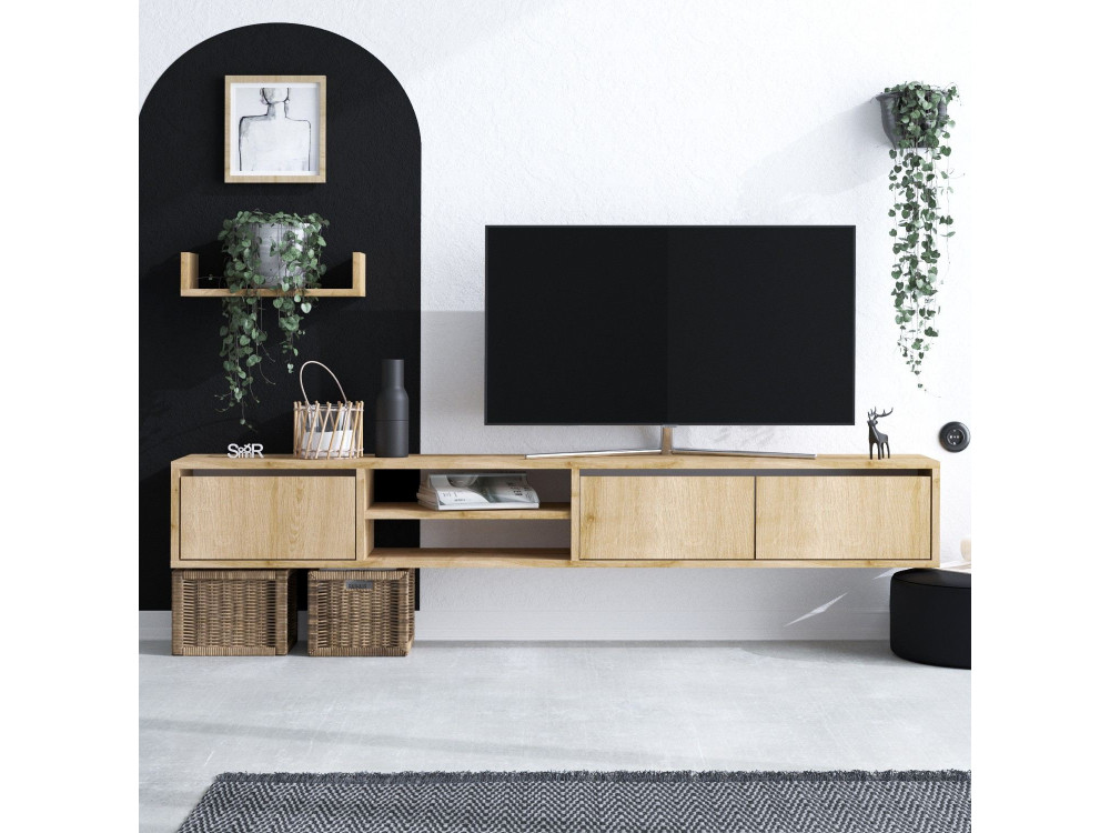 Móvel TV "Heka" suspenso na parede com prateleira de madeira - 180 x 30 x 25 cm - Bege