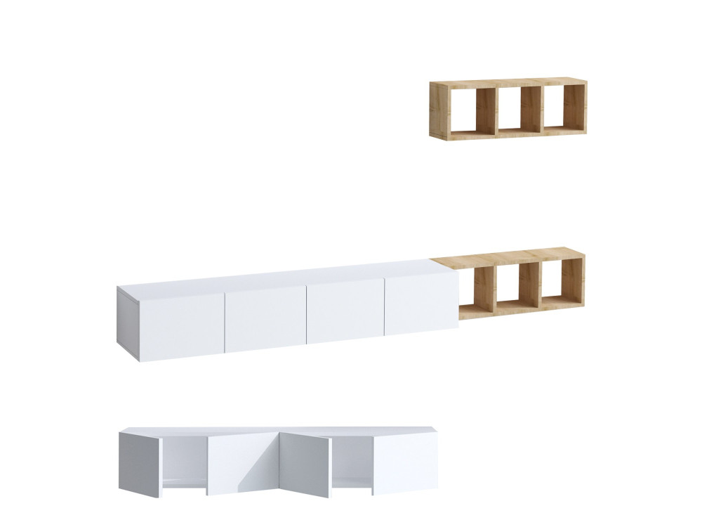 Móvel TV "Pia" suspenso na parede com prateleira de madeira - 215 x 32 x 25 cm - Branco