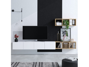 Móvel TV "Pia" suspenso na parede com prateleira de madeira - 215 x 32 x 25 cm - Branco 2