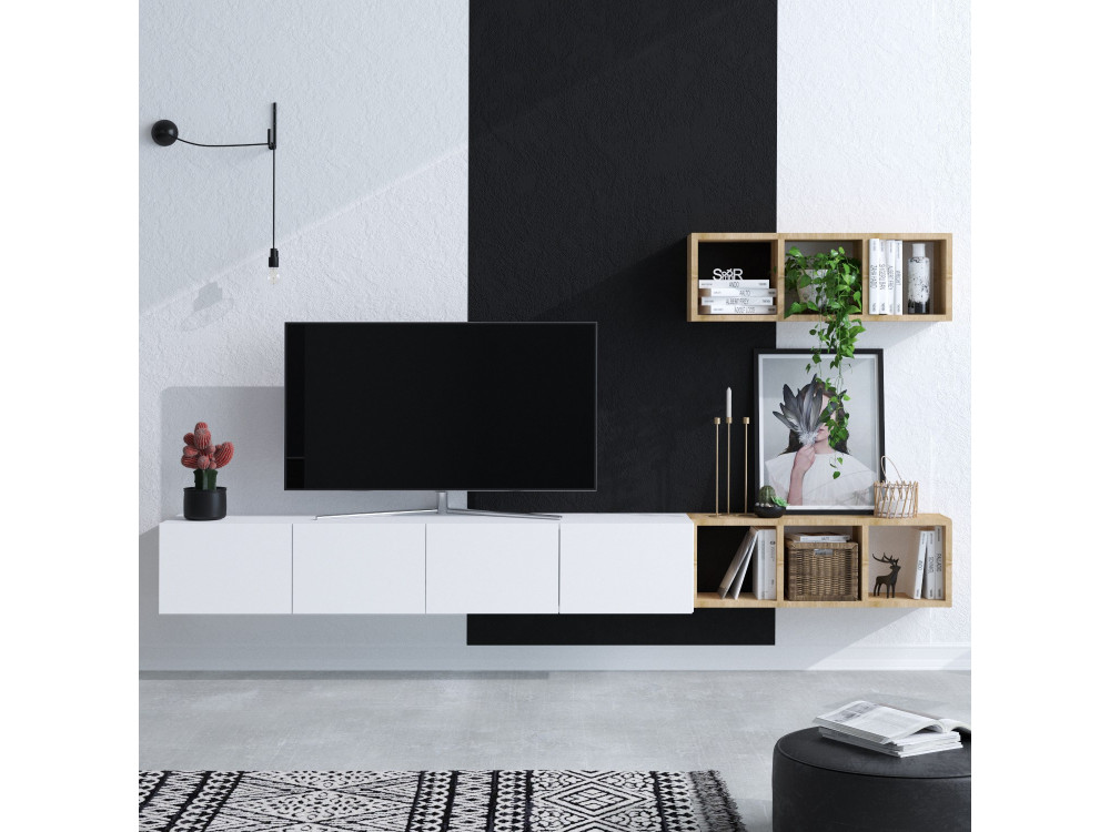 Móvel TV "Pia" suspenso na parede com prateleira de madeira - 215 x 32 x 25 cm - Branco