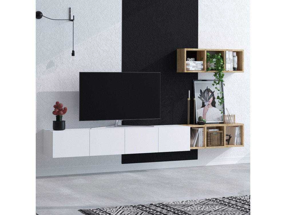 Móvel TV "Pia" suspenso na parede com prateleira de madeira - 215 x 32 x 25 cm - Branco