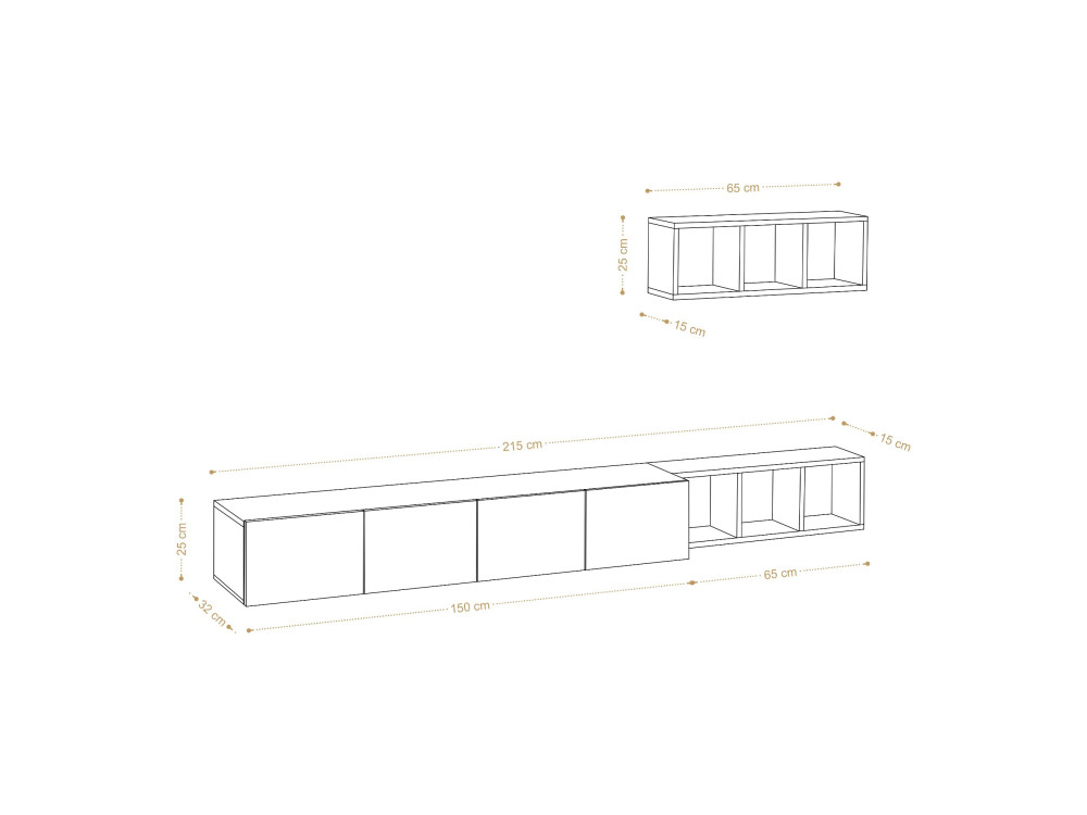 Móvel TV "Pia" suspenso na parede com prateleira de madeira - 215 x 32 x 25 cm - Branco