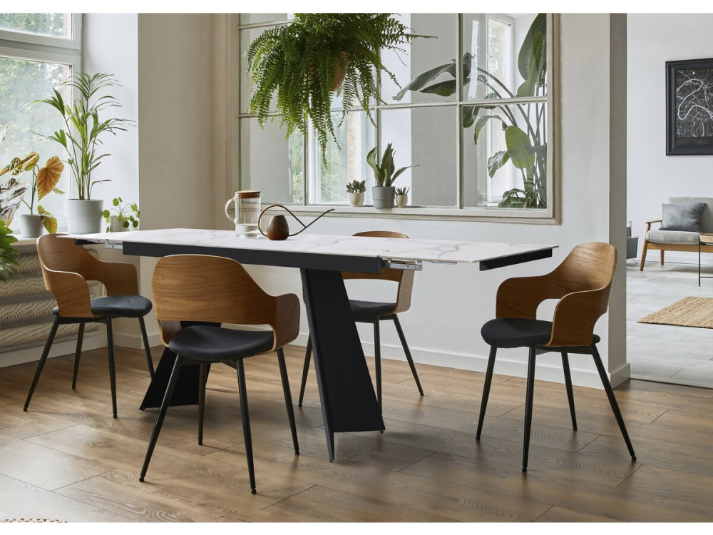 Mesa de jantar extensível em cerâmica para 6 a 10 pessoas "Equinócio" - Branco marmoreado cinzento