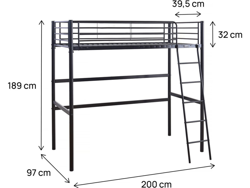 Cama alta de metal "Alora" - 90 x 190 cm - Preto