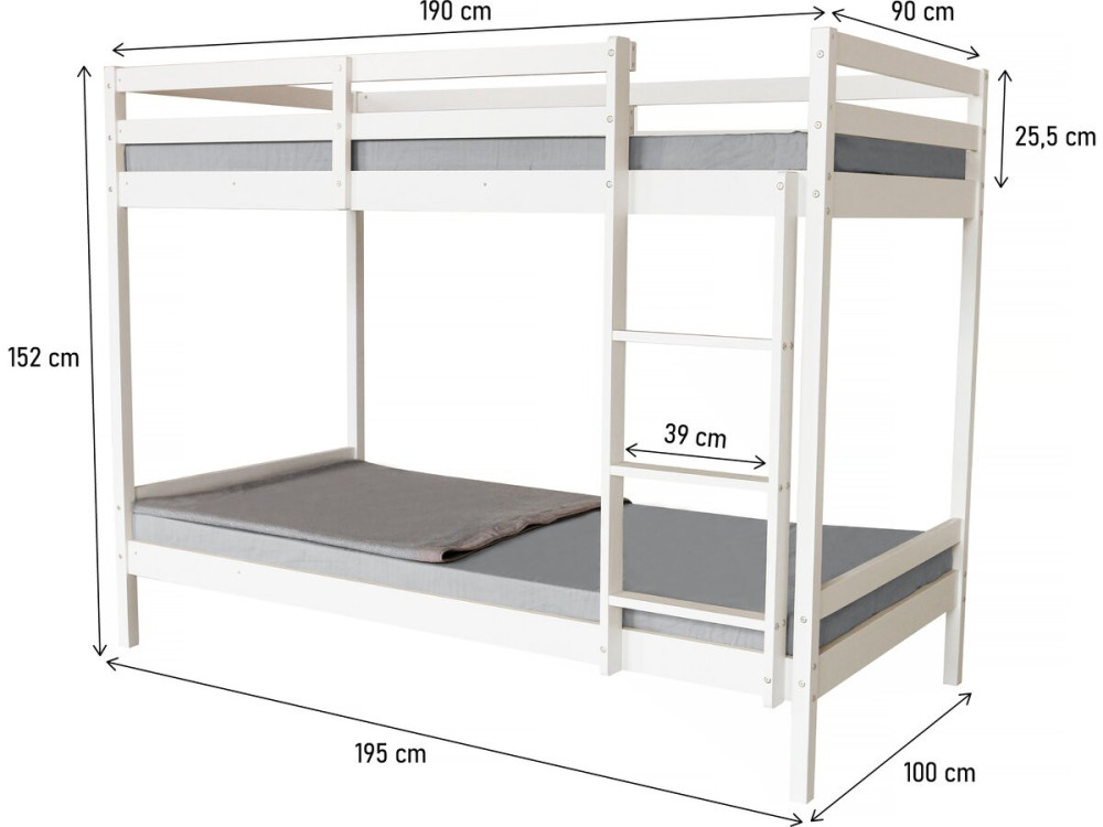 Beliche infantil de madeira "Lionel" 90 x 190 cm - Branco