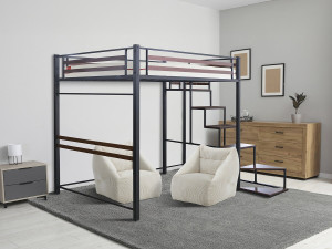 Cama alta em metal com escada "LENA" - 140 x 200 cm - Preto e castanho nogueira 2