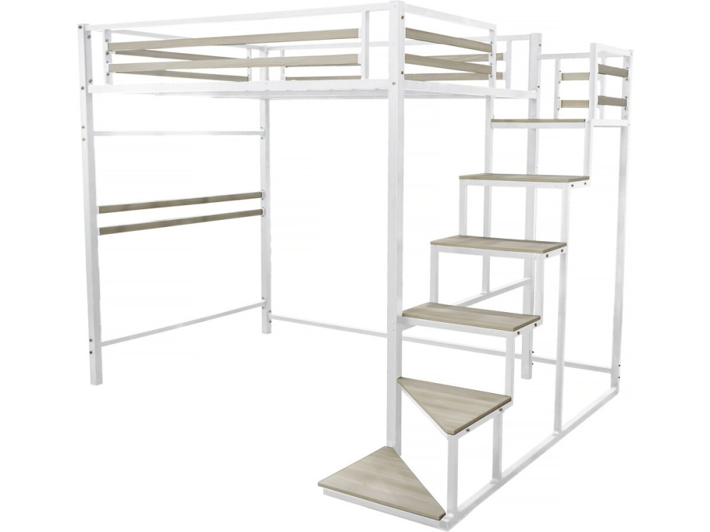 Cama alta em metal com escada "LENA" - 140 x 200 cm - Branco