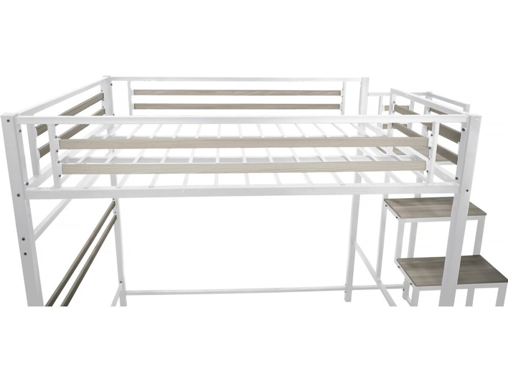 Cama alta em metal com escada "LENA" - 140 x 200 cm - Branco