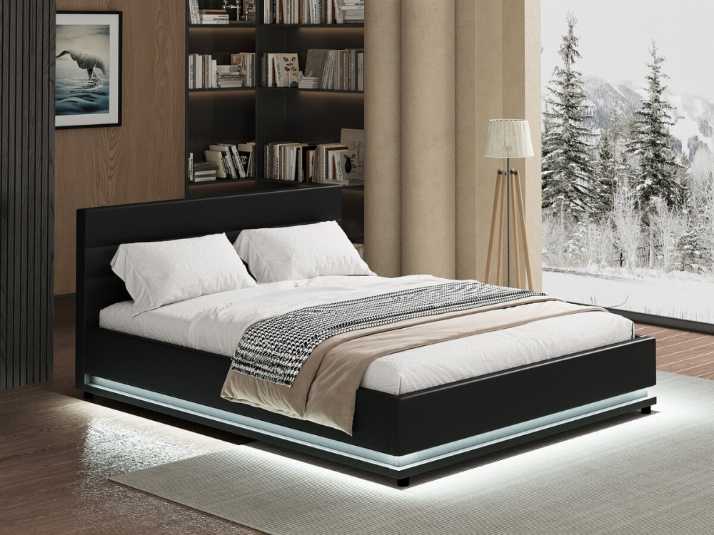 Cama LED com baú "Anastasia" - 160 x 200 cm - Preto
