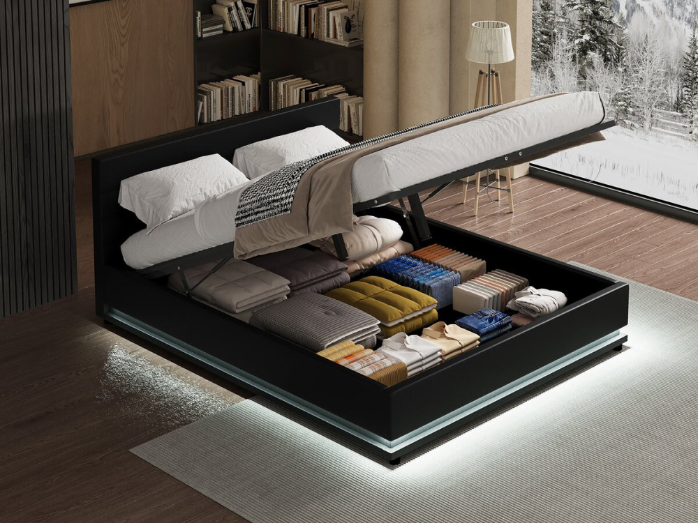 Cama LED com baú "Anastasia" - 160 x 200 cm - Preto