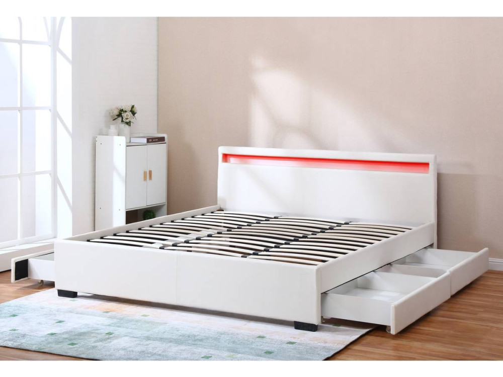 CAMA dupla LED com 4 gavetas "Nico" - 180 x 200 cm - Branca