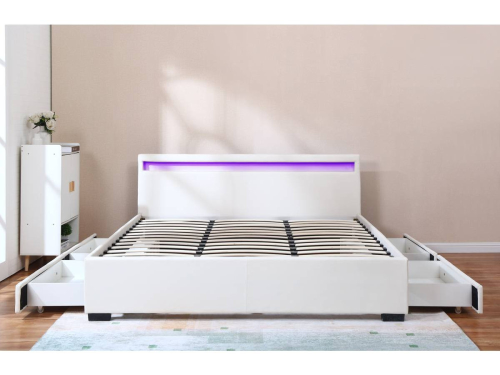 CAMA dupla LED com 4 gavetas "Nico" - 180 x 200 cm - Branca