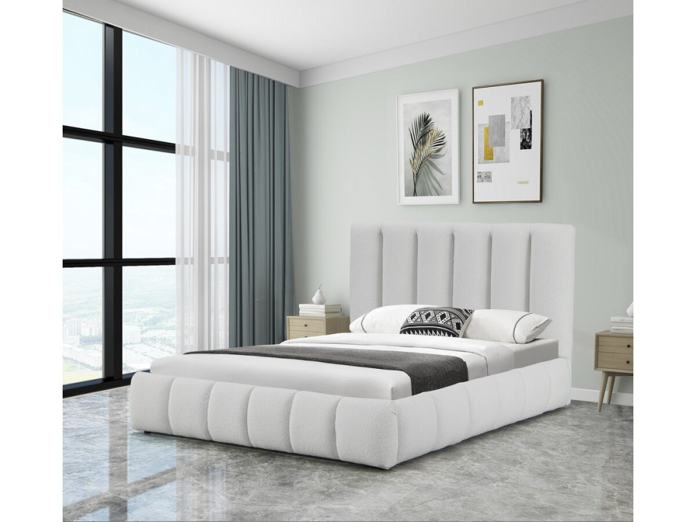 Cama Boucle com baú "Annie" - 160 x 200 cm - Branco